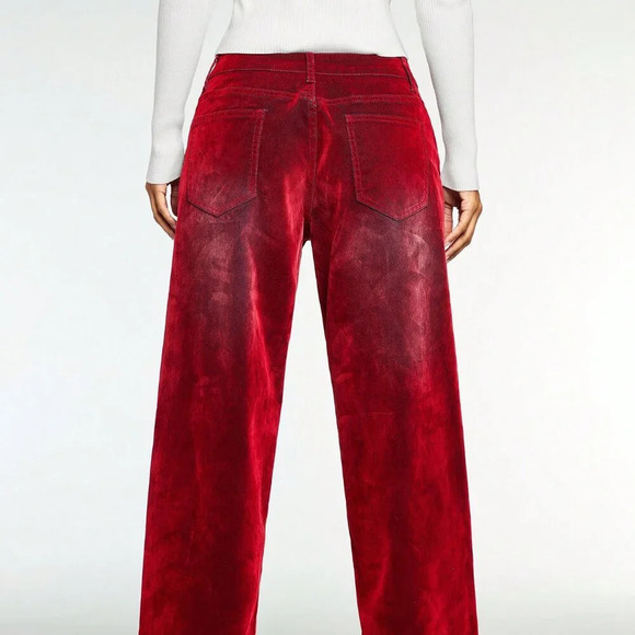 Red Casual Women's Fleeced Thick Loose High Waist Wide Leg Jeans - Picture 2 of 6